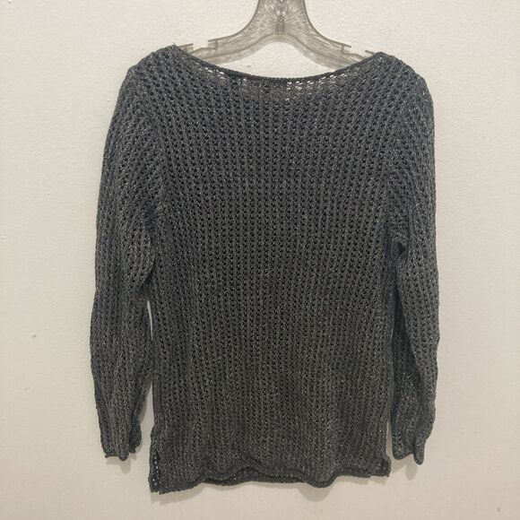 JEANNE PIERRE gray silver metallic open knit long sleeve scoop neck sweater XL - Picture 7 of 7